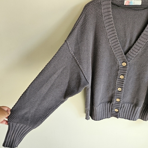 Free People Gray Waffle Knit Oversized Hailee Cardigan Sweater - Picture 6 of 14